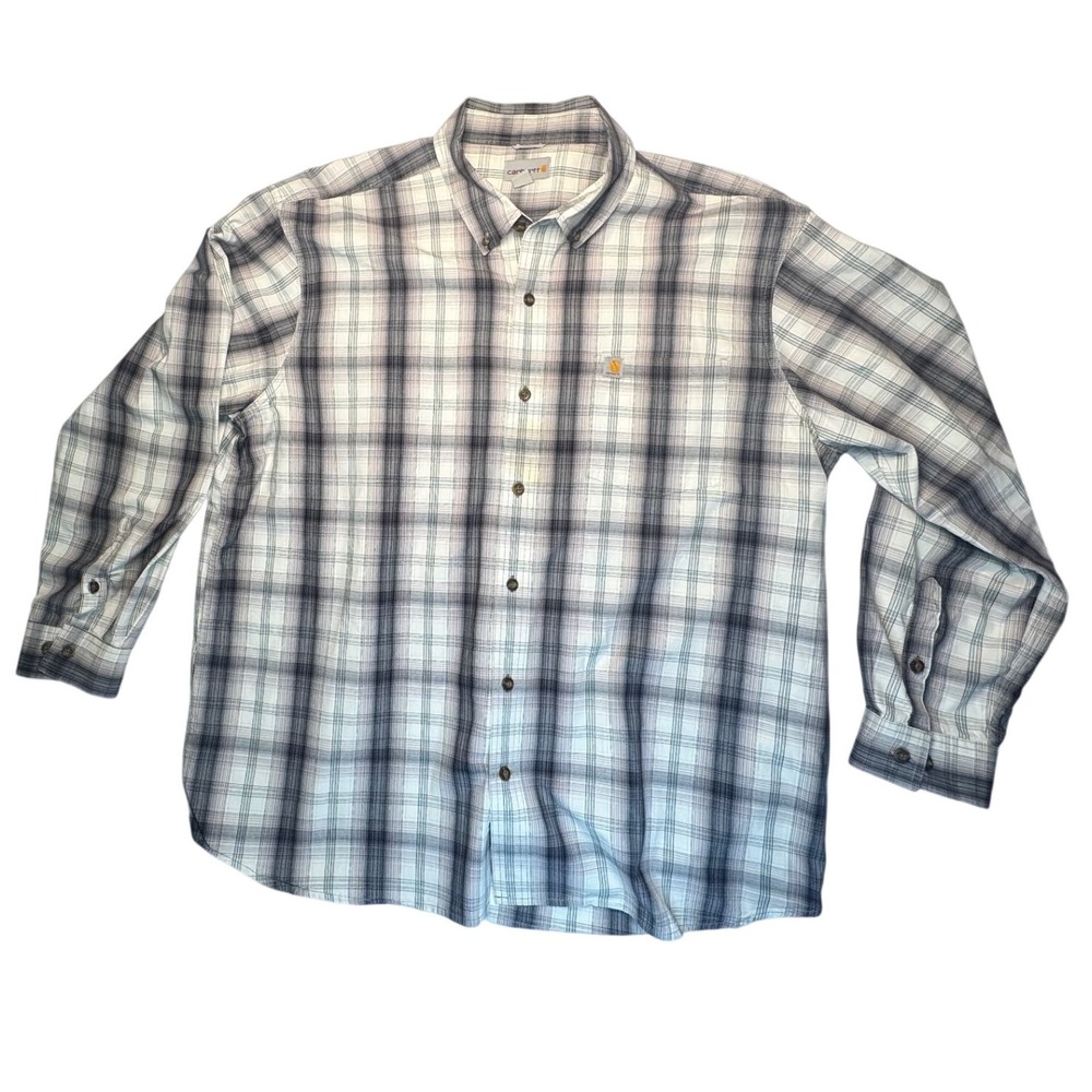 Carhartt Mens 2XL Relaxed Fit Plaid Button Down Shirt Grey White 102817-001